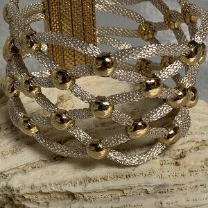 OPEN METAL MESH AND GOLD TONE BALLS MAGNETIC CUFF BRACELET